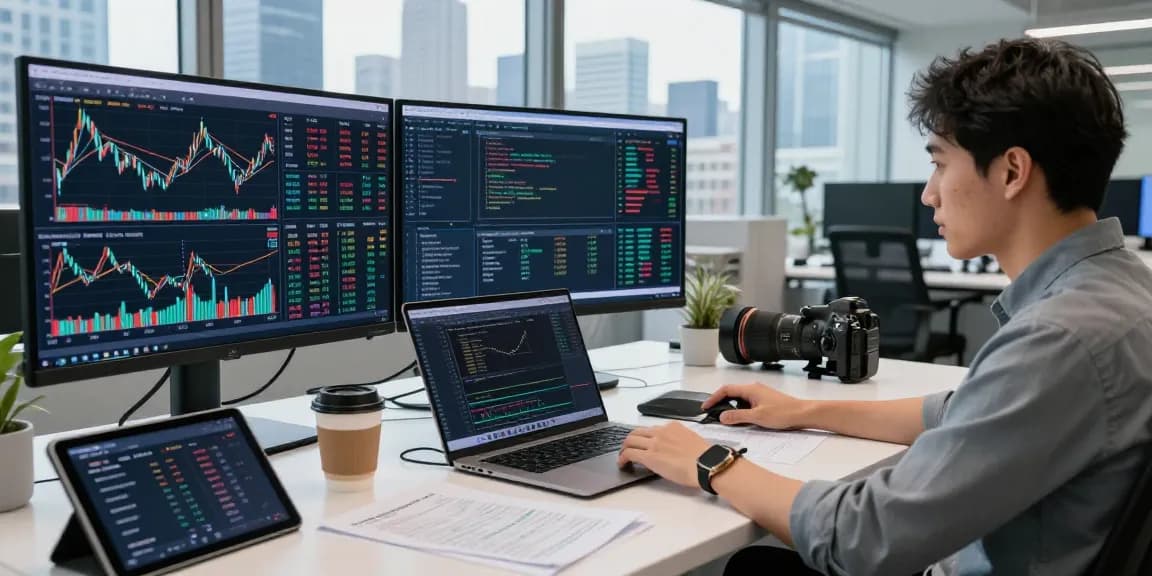 分析全球纳斯达克股票数据源的金融分析师在现代办公环境中工作,专注的气氛和实时数据展示。