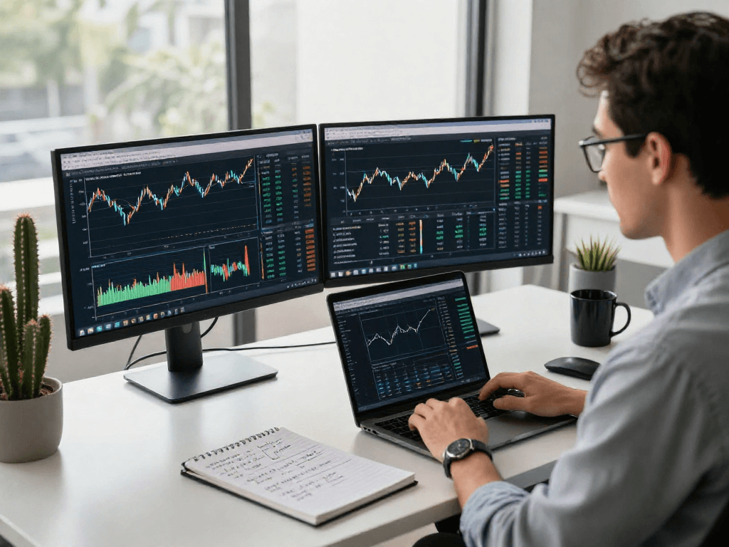 Data analyst monitoring WTI crude oil futures API metrics in a modern workspace with trading charts.