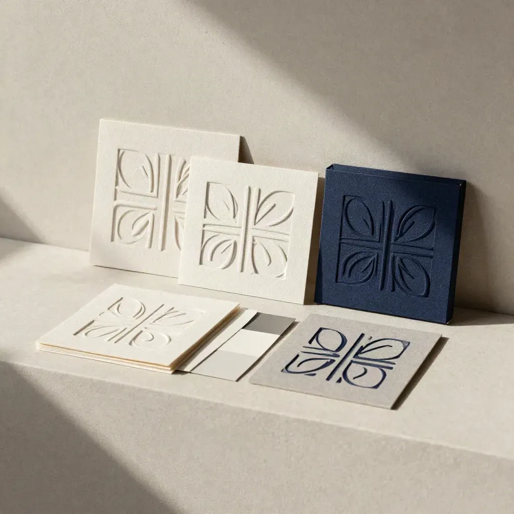 Embossed logo samples and a closed sample box on pale plaster with soft daylight.