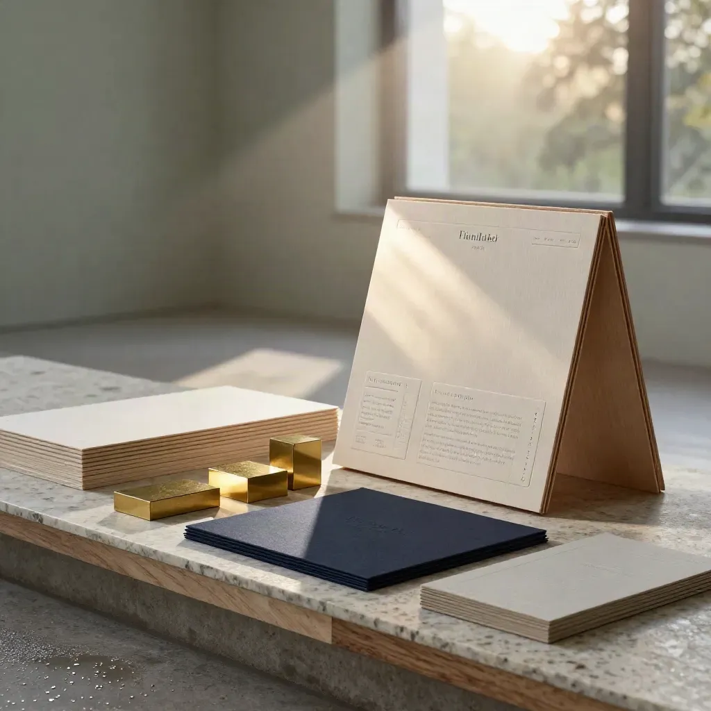 Embossed brand boards, paper swatches, brass blocks, and a wood website maquette in cinematic studio light.
