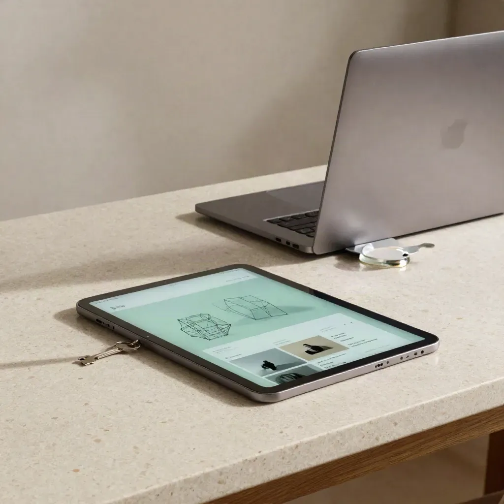 Tablet with glowing wireframe homepage beside a closed laptop on a travertine studio bench.