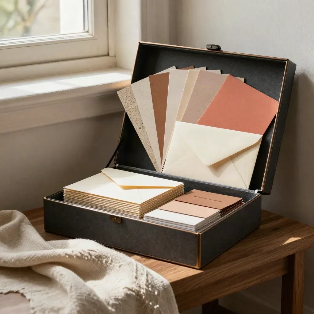 Open archival box with swatches, fabric labels, and cream envelopes on a warm walnut bench.
