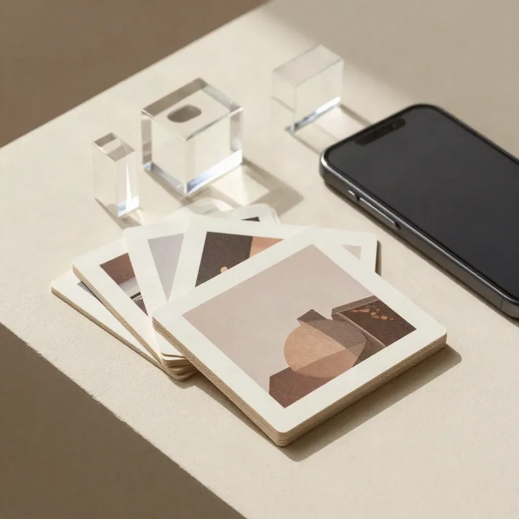 Overhead of template cards, a matte phone, and clear acrylic risers on warm ivory plaster.