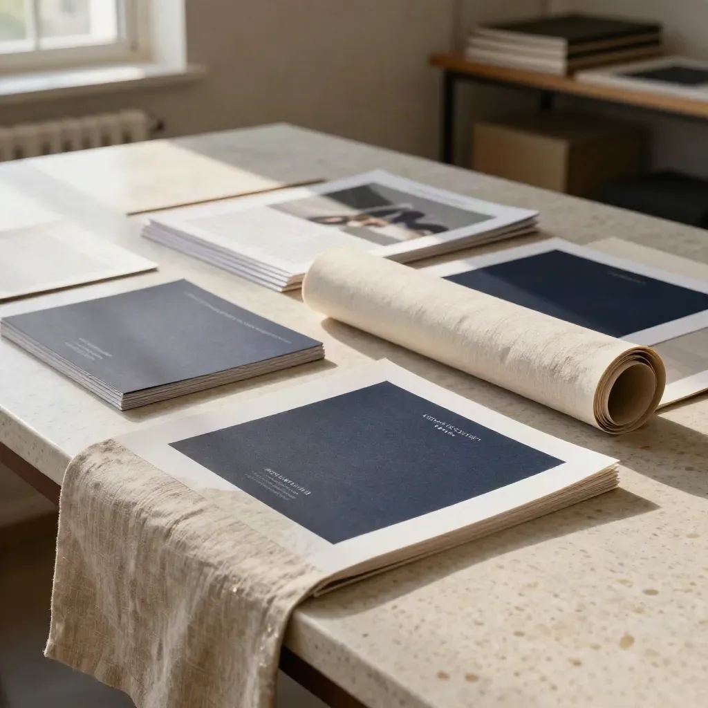 Sunlit studio spread of campaign proofs, promo boards, and linen on travertine.
