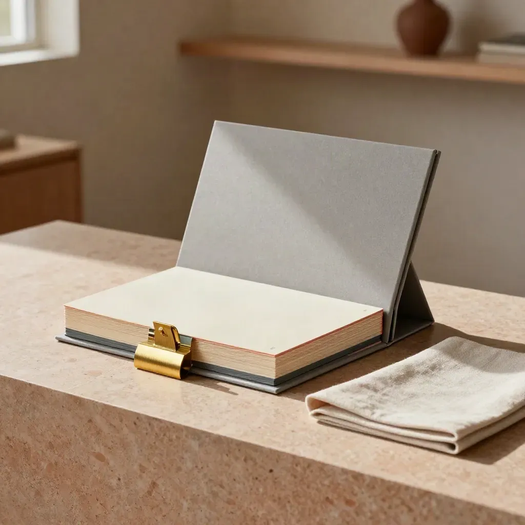 Investor-ready pitch deck box with tabbed slides and brass clip on travertine.