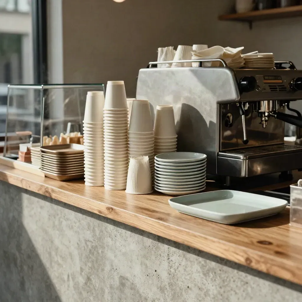 Café counter stocked with cups, pastry trays, and steam before opening