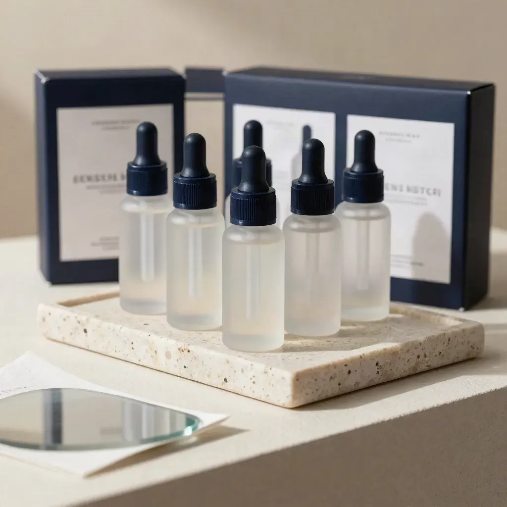 Frosted skincare bottles, navy-sealed cartons, campaign cards, and a stone tray on plaster.