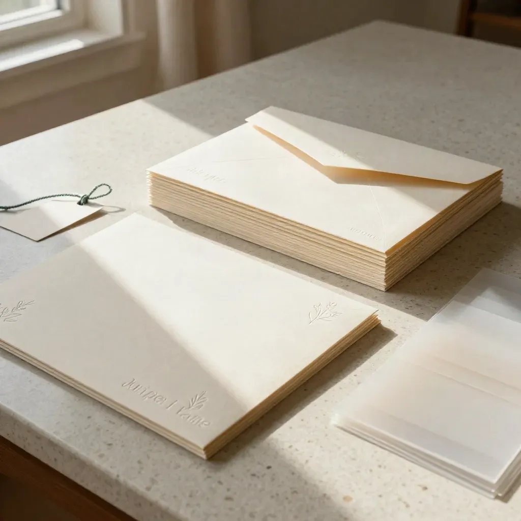 Overhead stationery flatlay with embossed folders, envelope stack, and mint-tied label tags.
