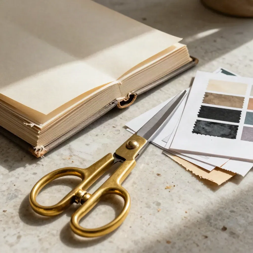 Worn swatch book, gold scissors and color proofs on pale travertine in dramatic studio light.