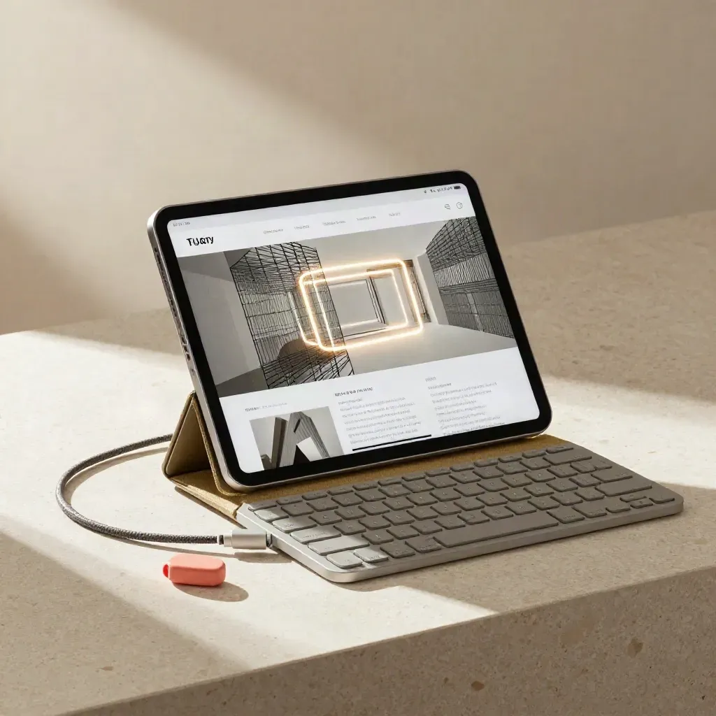 Tablet with wireframe homepage, compact keyboard, braided cable and ceramic stand on travertine.