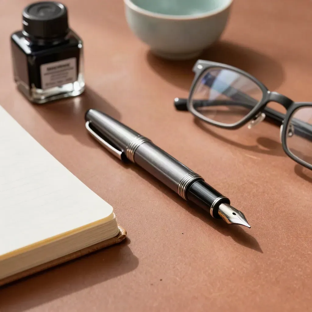 Fountain pen, ink bottle, notebook and glasses on a terracotta desk in soft daylight.