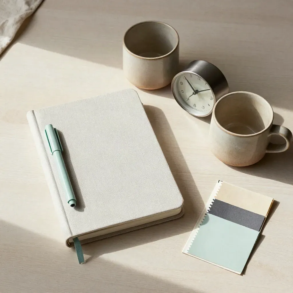 Overhead still life of notebook, cups, clock, and fabric swatches on pale wood.