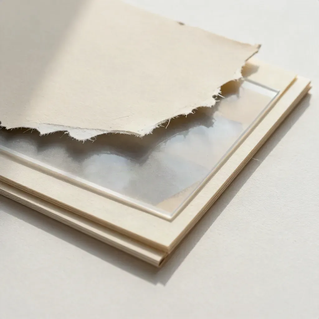 Macro collage of swatches and acetate on plaster with soft ivory light.