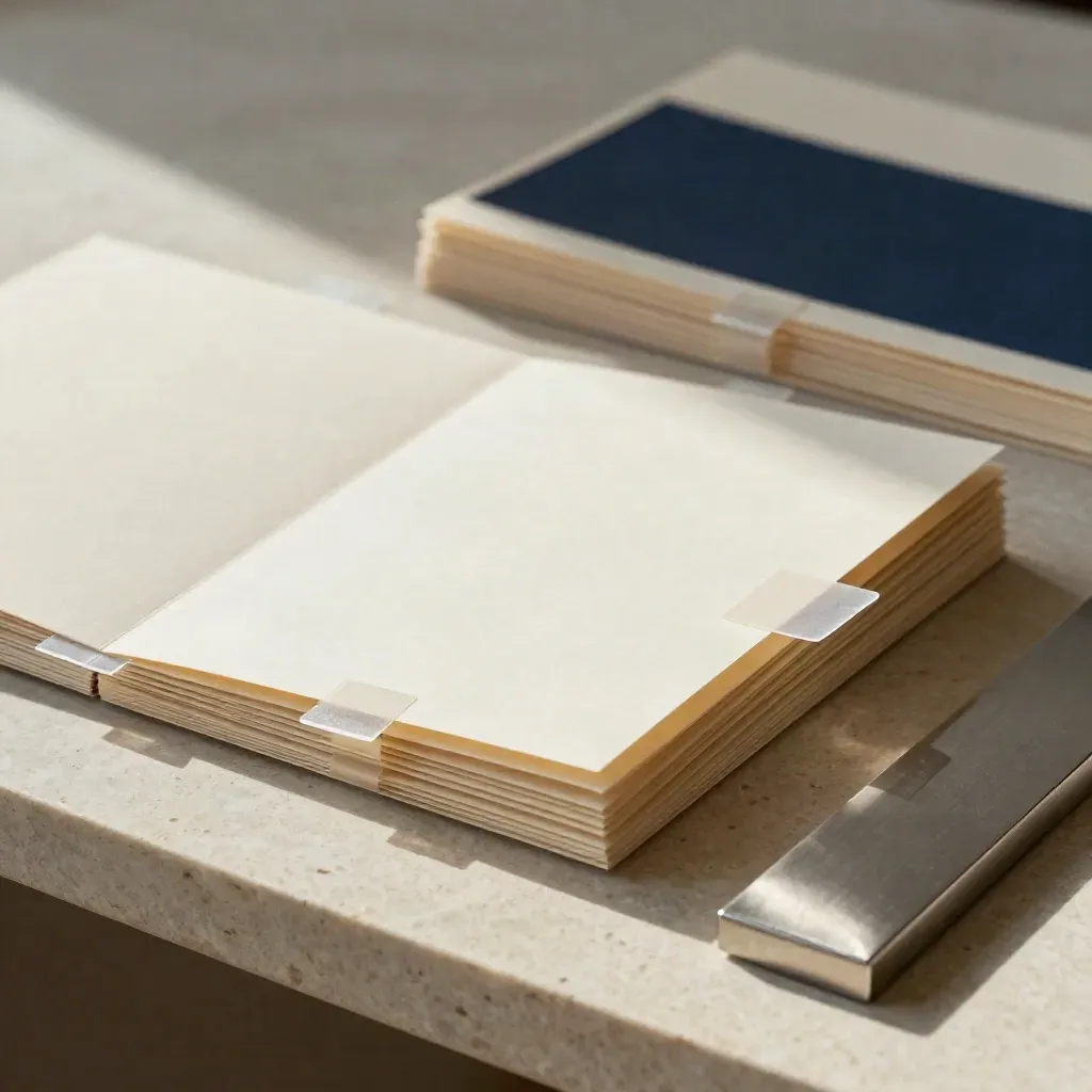 Die-cut card modules and a prototype folder on limestone under soft side light.