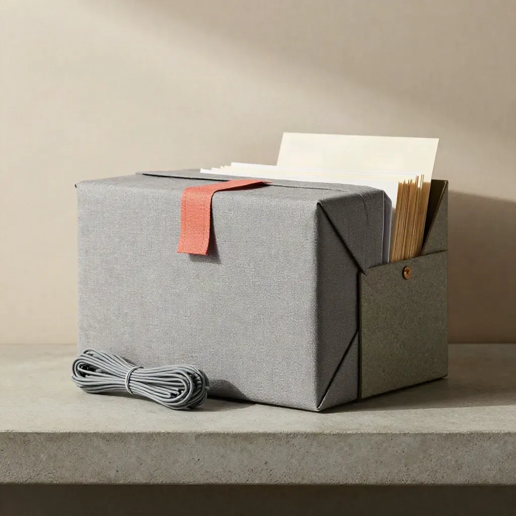 Archive box, cable tie, and file folios on a concrete shelf for launch handoff.