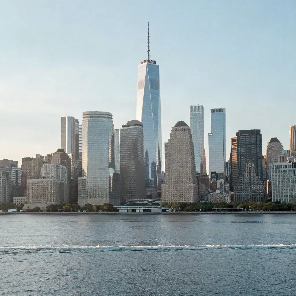 Manhattan skyline above the East River at blue hour, hazy after a summer storm.