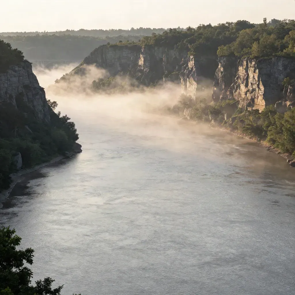 Hudson River bend with cliffs, bridge line, and sunrise mist over calm water