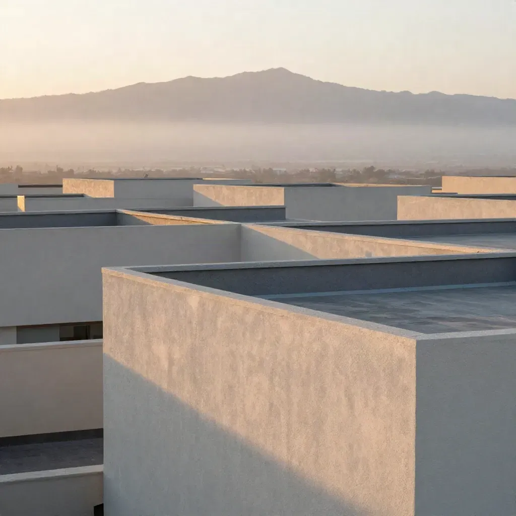 Dawn over low western rooftops, distant mountains, and pale sky in warm haze.