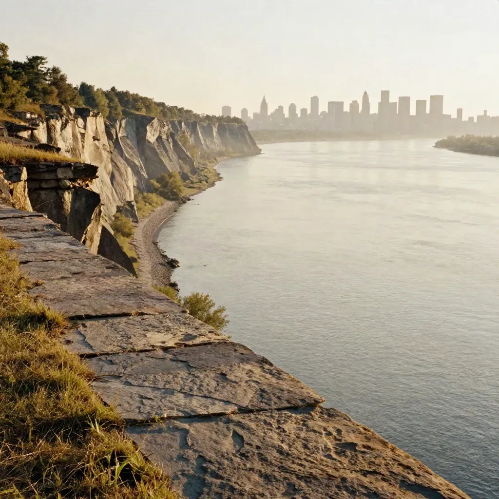 Golden hour Palisades and hazy riverfront skyline above a calm open foreground.